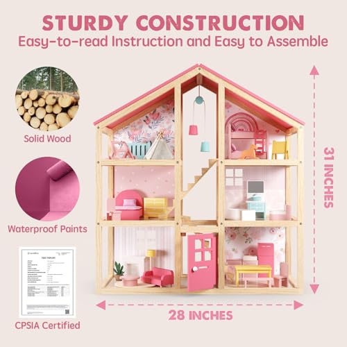 image for Tiny Land Wooden Dollhouse for Girls - 6 Rooms Wooden Doll House, DIY 