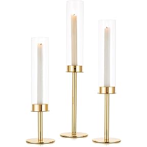 Gold Hurricane Taper Candle Holders: Glasseam 3Pcs Brass Candlestick Holders with Ribbed Glass Cylinder Cover Fluted Tall Candle Sticks Holder Decor for Table Centerpiece Wedding Christmas Decorations