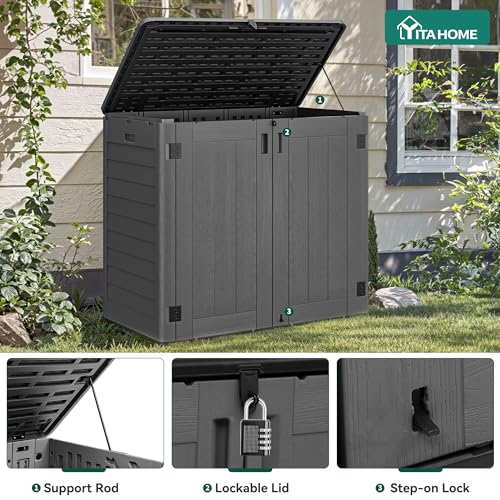 Image of YITAHOME Outdoor Storage Shed w /o Shelf, 30 cu ft Horizontal Storage Shed Outdoor, Resin Waterproof Storage Cabinet for Garage, Poolside, Bikes, and Garden (Dark Gray + Black)