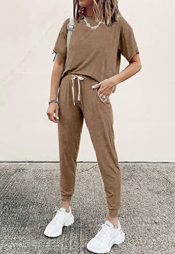 Image of PRETTYGARDEN Women Summer Two Piece Outfits Striped Short Sleeve Pullover and Long Pants Tracksuit Travel Pajama Lounge Set