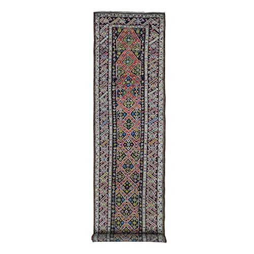 Shahbanu Rugs Green Antique Caucasian Wide Runner High KPSI Good Condition with Hand Knotted Chocolate Brown Pure Wool Oriental Rug(3'1"x14'3")