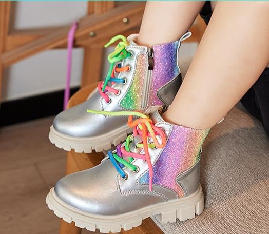 Girls Rainbow colors Ankle Boots Side Zip Comfort Non-Slip Boot Lace Up Outdoor Combat Boot(Toddler/Little Kid/Big Kid)2