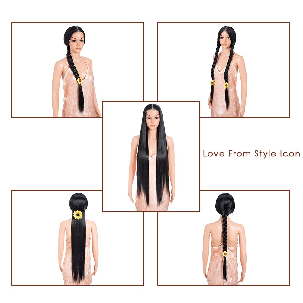 Style Icon 38“ Super Long Straight Wig 9x6 Free Part Lace Front Wig Black Color Pre Plucked Glueless Synthetic Hair with Adjustable Band & Free Clips