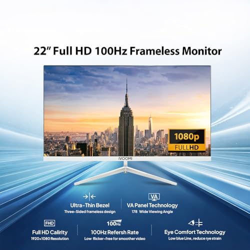 Image of iVOOMi 22 inch (54.6 cm) Ultra Slim Flat FHD Monitor for PC with 100Hz Refresh Rate, Bezel-Less Design, Flicker Free, VGA & HDMI Port, Eye Care Features, Includes HDMI Cable, 3 Years Warranty