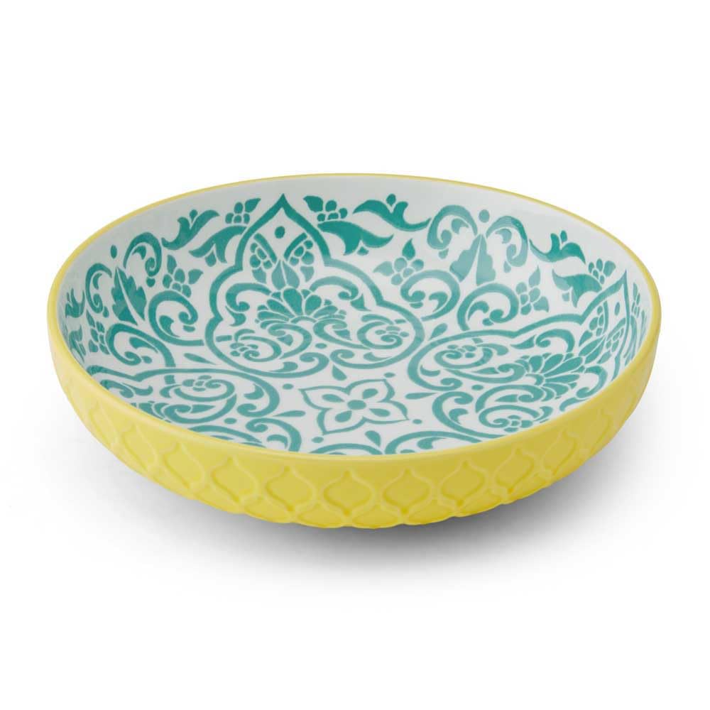 Geometrische Steingut-Schüssel in Gelb und Blau von Mikasa