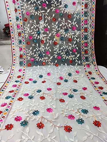 Weavers Villa Women's Heavy Net Embroidered Multi Fancy Phulkari Work Dupatta for Women4