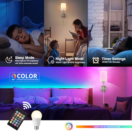 Image of Battery Operated Wall Sconce Set of Two,Wireless Rechargeable Wall Light With Remote Control, Dimmable, 1800K /3000K /4000K /6000K /RGB, Timer, for Living Room, Bedroom, Fireplace, TV, 26.8 Inch, Nickel