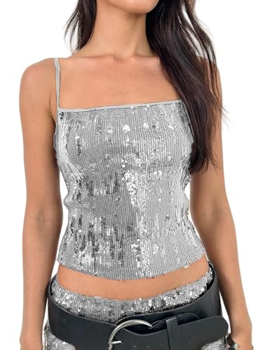 Seyumixi Women Sparkly Cami Top Sequin Spaghetti Strap Glitter Crop Top Sleeveless Going Out Tops Party Concert Outfits(Cute Silver,S)