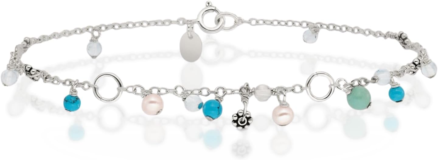 IceCarats 925 Sterling Silver Blue Turquoise Pearl Cable Chain Freshwater Bracelet Anklet 9 inch Round Cut, Cultured, Prong Set For Her