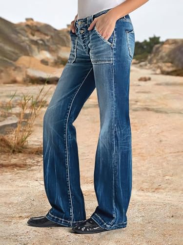 Flamingals Women Vintage Wash Patch Pocket Double Button Mid Rise Straight Leg Jeans Comfort Stretch Denim Classic Jeans2