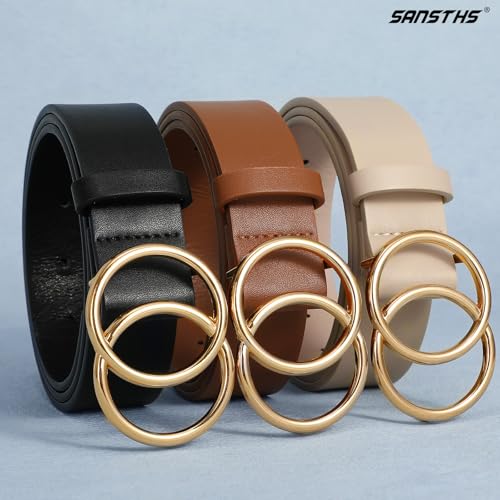 SANSTHS 3 Pack Women Waist Belts for Jeans Pants Dresses, Ladies Belt with Double O-Ring Gold Buckle2