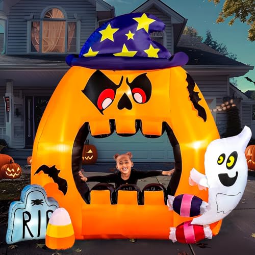Image of Joiedomi 7 Ft Tall Halloween Inflatable Photo Booth with Ghost, Tomb and Candy Blow Up Inflatables with Build-in LEDs for Halloween Party Indoor, Outdoor, Yard, Garden, Lawn Decorations