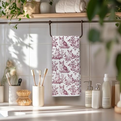 Image of Chinoiserie Corgi Dog Kitchen Towels, Gifts for Corgi Lovers Dish Tea Towels for Kitchen Decor, Grandmillennial Toile de Jouy Dog Decorative Hand Towels for Bathroom, 16x24 Inch(Red)