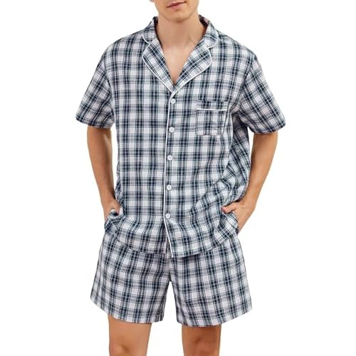 Marvmys Mens 100% Cotton Pajama Set Sleepwear Short Sleeve Pj Set Button Down Lounge Set Plaid Pajamas S-3XL X-Large Navy Plaid