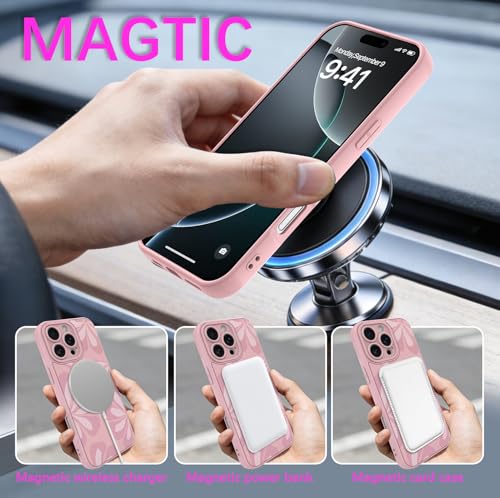Coque iPhone 16 Pro antichoc MagSafe rose avec dragonne et support de visionnage