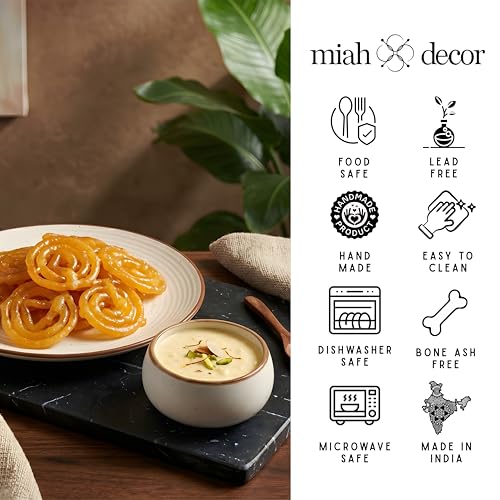 Image of miah decor Quarter Plates Ceramic Set of 6 with 2 Dip Bowls (160ml) - Off White Ribbed Design | Handmade Stoneware Side Plates for Snacks & Dessert | Microwave & Dishwasher Safe | Matte Finish