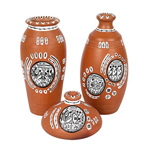 Image of Aakriti Art Creations Vase Earthen Natural Warli Set of 3 | Handmade Terracotta Flower Vases | Natural Brown Matte Finish Warli Art Decorative Vases for Living Room, Table Decor & Gifting