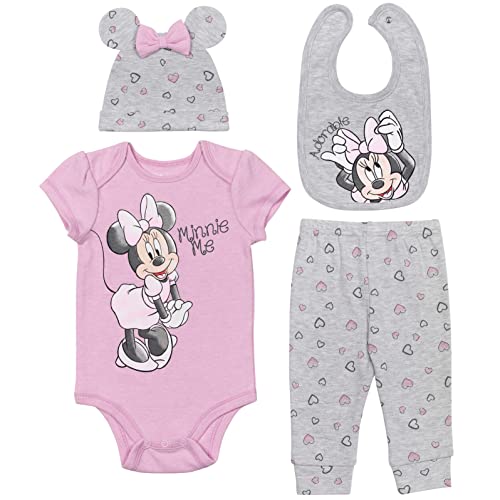 Image of Disney Minnie Mouse Baby Girls Bodysuit Pants Bib and Hat 4 Piece Outfit Set Newborn to Infant