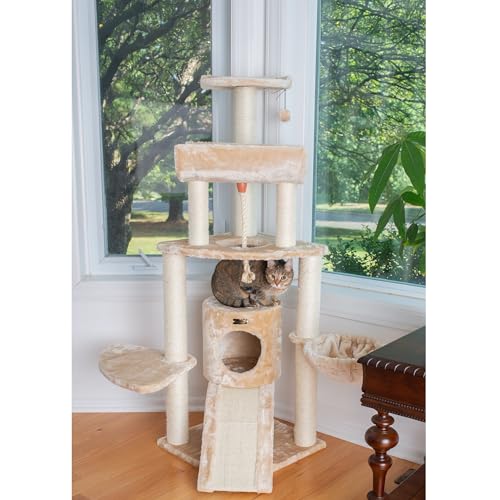 Torre para Gatos Beige de 58 Pulgadas con Canasta, Rampa y Condo miniatura 6