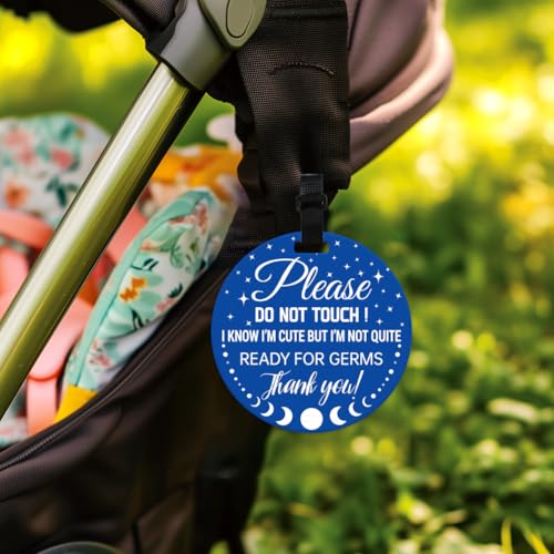 Image of 2 Pack Blue Moon and Star No Touching Signs Stop No Touching Safety Sign for Family PVC Seat Signs-Stroller Tag with Hanging Strap and Clip for Car Accessories 5 Inches