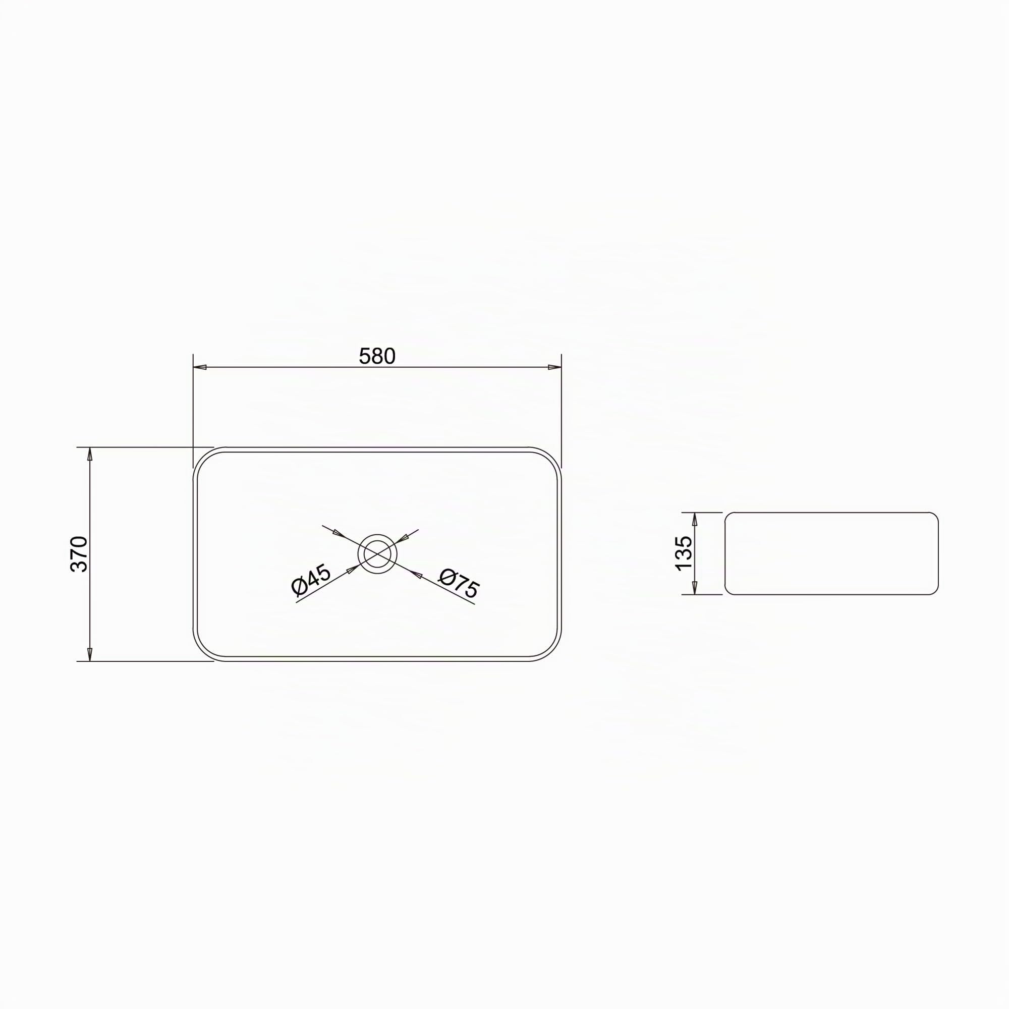 doporro Lavabo Bagno Rettangolare Lavabo da Appoggio in Ceramica Lavandino con Bordo Sottile 58x37x13,5 cm Bianco Lucido Lavamani Lavello senza Foro Rubinetto per Guardaroba Bagno Brüssel105D