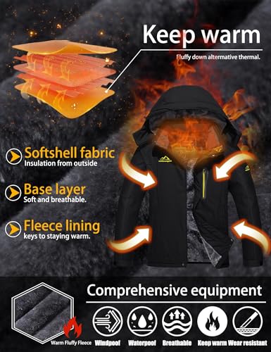 TACVASEN Herren Wasserdicht Winter Skijacke Warme Snowboardjacke Outdoorjacke Gefüttert Winterjacke (XXL, Schwarz)