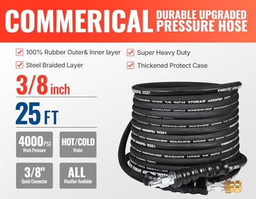 YAMATIC 3/8" Pressure Washer Hose 25FT Hot Water Power Washer Hose Max 212°F with Swivel Quick Connect, 4000 PSI Commercial Grade Steel Wire Braided & Synthetic Rubber Jacket, Kink Resistant
