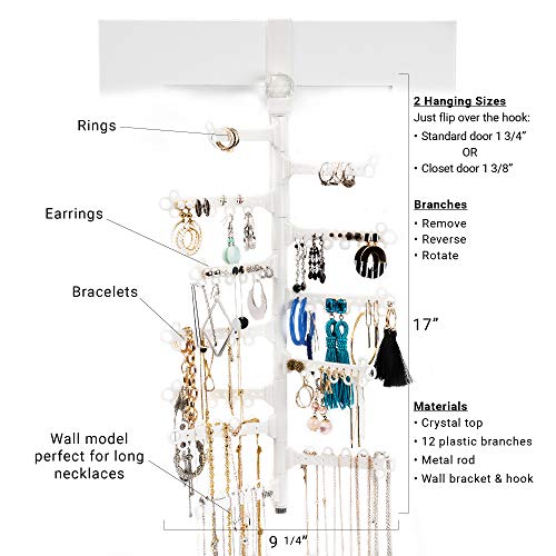 12-Tier 17" Over the Door Jewelry Holder Display - Large Capacity - Long Necklaces, Earrings (120 holes & 60 loops) Rings, Bracelets - Hanging Jewelry Organizer Storage -Rotating Removeable Arms-White - Thumbnail 3