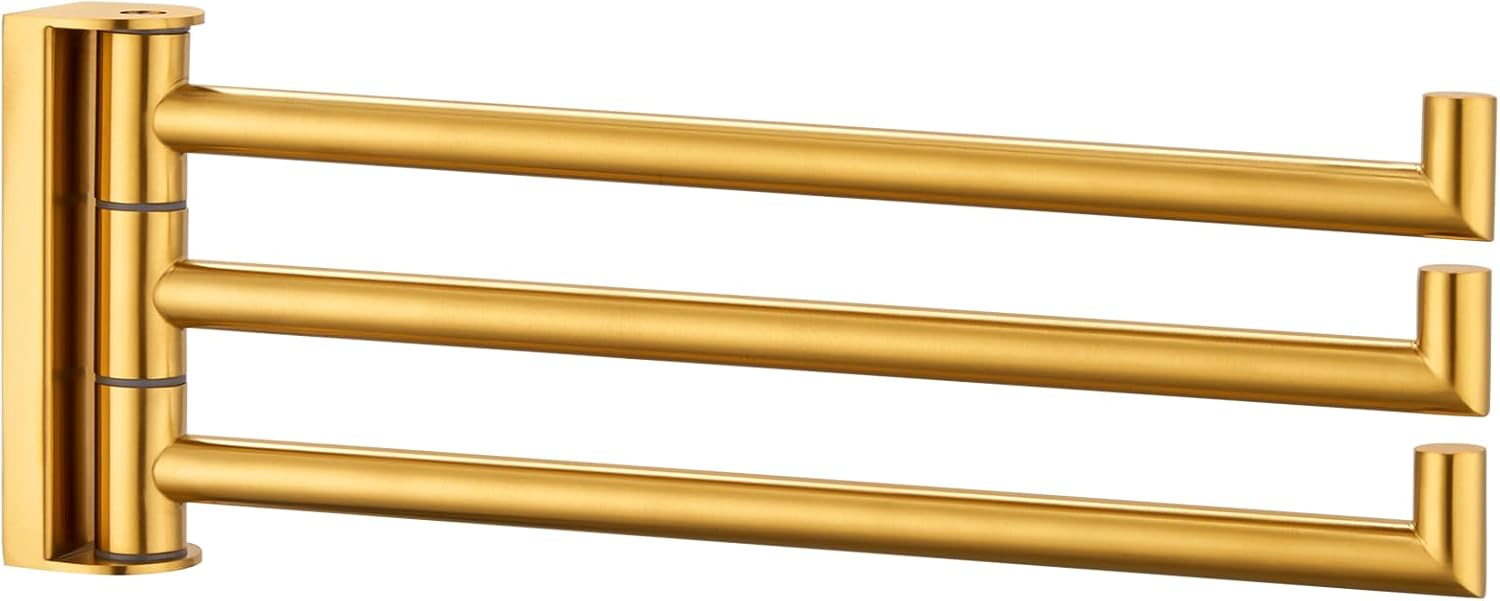 APLusee Swivel Towel Rack for Bathroom Door Wall Mounted, Swivel Towel Bar with 3 Rotating Arms 304 Stainless Steel, Flexible Kitchen Wall Hanging, Brushed Gold