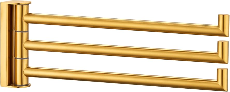 APLusee Swivel Towel Rack for Bathroom Door Wall Mounted, Swivel Towel Bar with 3 Rotating Arms 304 Stainless Steel, Flexible Kitchen Wall Hanging, Brushed Gold
