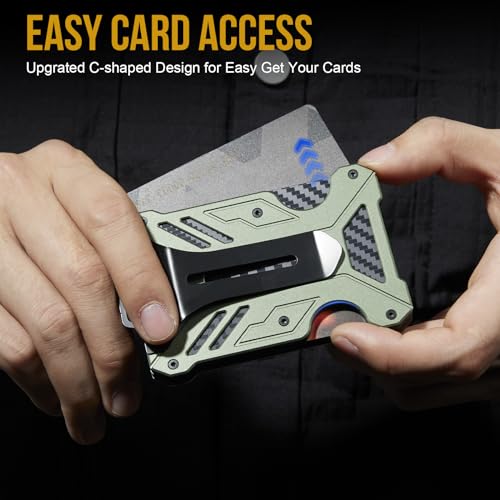 Image of 1T Tactical Minimalist Slim Wallet with Moeny Clip, Front Pocket RFID Blocking Wallet Cash Holder, Versatile Credit Card Orgainzer, ID Card Badge Holder for Men, Green, One size, Metal Mini Wallet