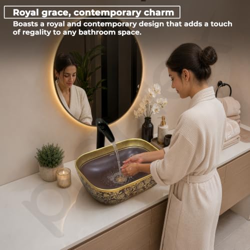 Image of Plantex Designer Ceramic Basin /Table Top Wash Basin for Bathroom /Countertop Vessel Sink - Indo-European Collection (EQTT-466, Gold & Brown)