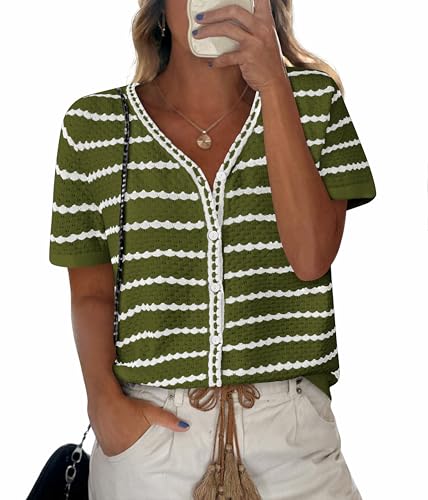 Image of NALANISA Women's Short Sleeve Sweater Spring Summer Crochet Knit Tops 2026 V Neck Striped Button Down Dressy Casual Blouses