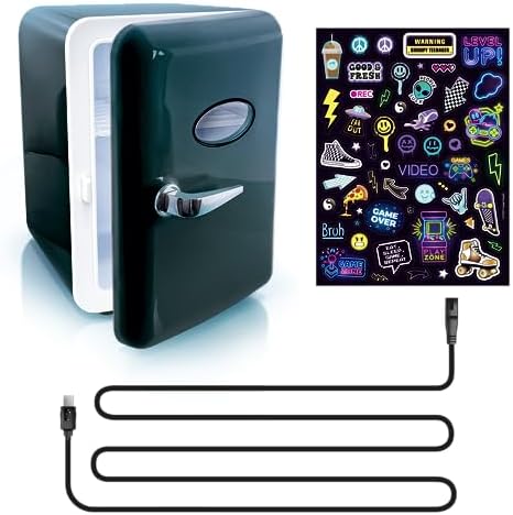 So Chill Black, 4L, Cable, Use Mini Fridge, Gamers, Students, Home/Car trips/Hangouts + More, USB Powered, Stickers Included, 6 Cans