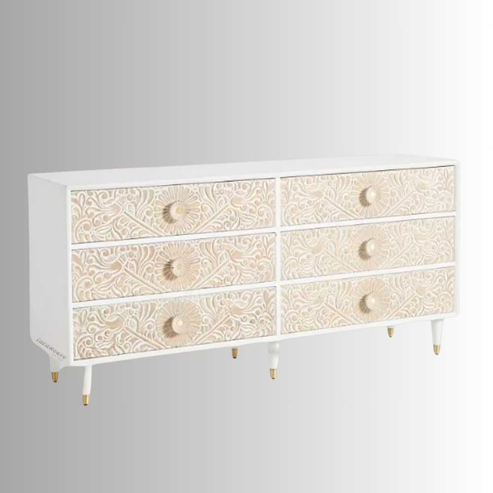 Solid Wood Chest of Drawer Cabinet | Wooden Storage Furniture for Home | 6 Chest of Drawers for Living Room | Antique Stylish Organization & Home Decor (White)-image-35