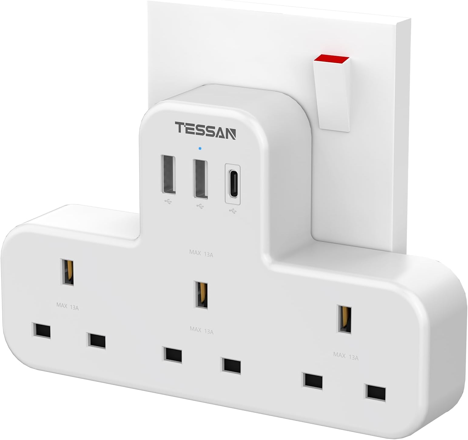 USB C Charger Plug Adapter AE, TESSAN Multiple 3 Way Triple Plug Extension Socket with 3 USB, Multi Plug Outlets Charging Station for School Home, Kitchen, Office, School Supplies