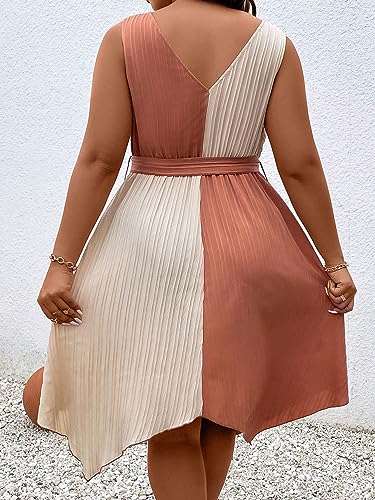 Image of SOLY HUX Women's Plus Size Color Block Dress V Neck Sleeveless A Line Asymmetrical Hem Belted Dresses
