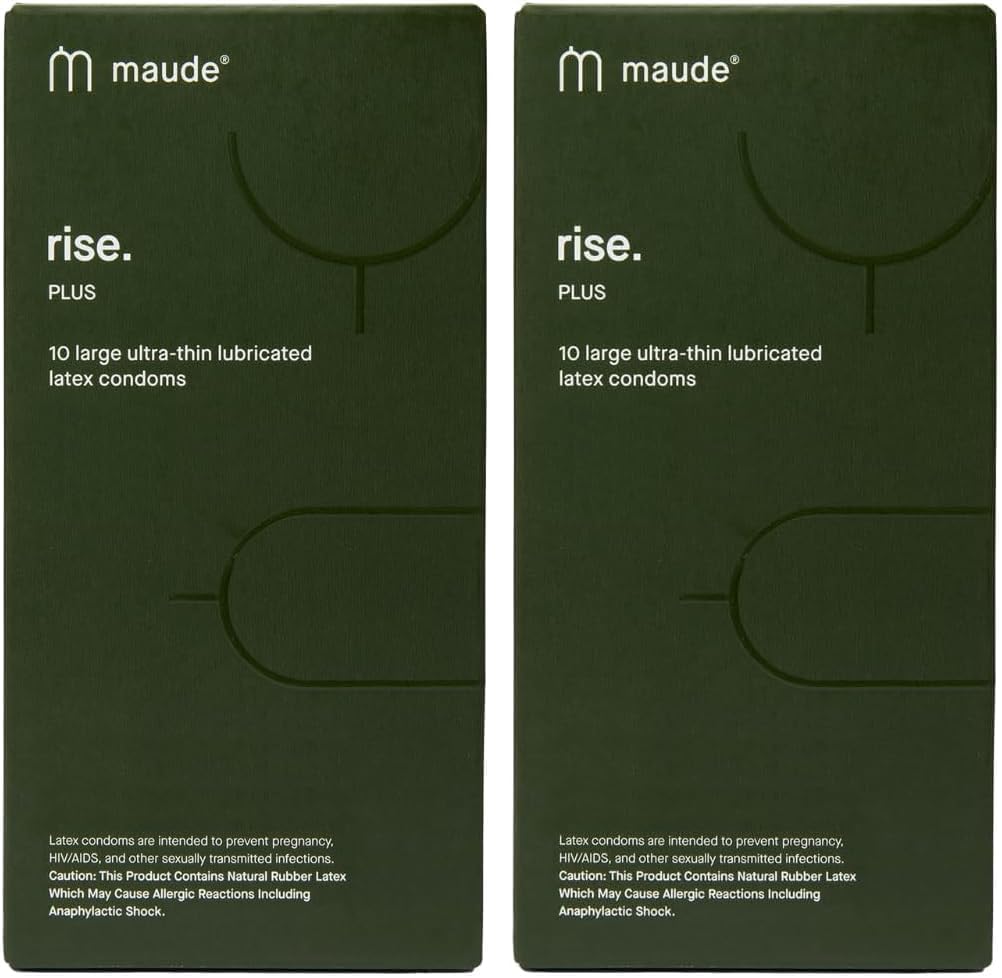 Maude Rise Plus - Ultra Thin Condoms - 100% Natural Latex Large Size, Made Without Harmful Chemicals and Tested for Safety - Vegan-Friendly, Spermicide-Free Lubricated Condoms (10 Count) (Pack of 2)