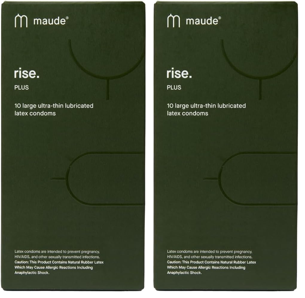 Maude Rise Plus - Ultra Thin Condoms - 100% Natural Latex Large Size, Made Without Harmful Chemicals and Tested for Safety - Vegan-Friendly, Spermicide-Free Lubricated Condoms (10 Count) (Pack of 2)