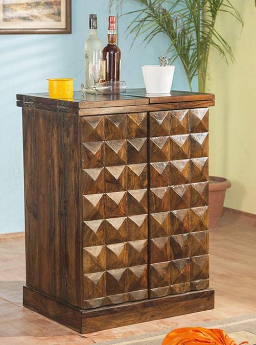 Image of Credenza Wooden Bar Cabinet for Home || Wine Storage Rack with Drawer & Glass Holder || Sheesham Wood for Living Room and Bar Cabinets Furniture || Natural Brown Finish Bar Cabinet with Drawers
