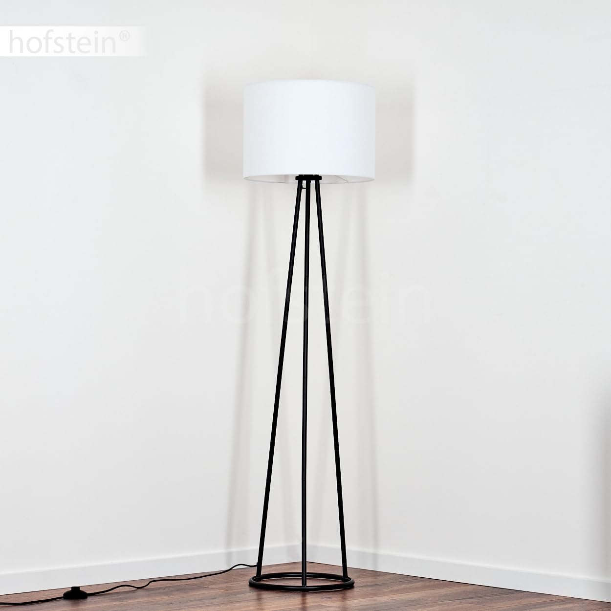 Stehleuchte Bassagoda, Stehlampe aus Metall/Stoff in Schwarz/Weiß, Leuchte im modernen Design mit rundem Schirm (Ø 40 cm) u. Fußschalter, Höhe 152 cm, 1 x E27, ohne Leuchtmittel