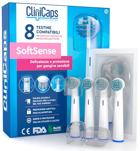 8 Testine Morbide Spazzolino Elettrico Ricambio Compatibile con Oral-B Setole Morbide per Gengive Sensibili CliniCaps SoftSense Colore Bianco Doppia Protezione Bustina Asettica e Cappuccio Protettivo