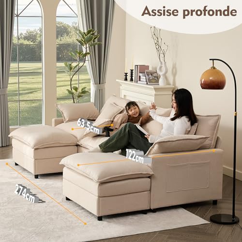 Litbird U-förmiges modulares Sofa 3-Sitzer Ecksofa mit Hocker, tiefes Sitzdesign, Cloud Couch für Wohnzimmer(Beige) – Bild 5
