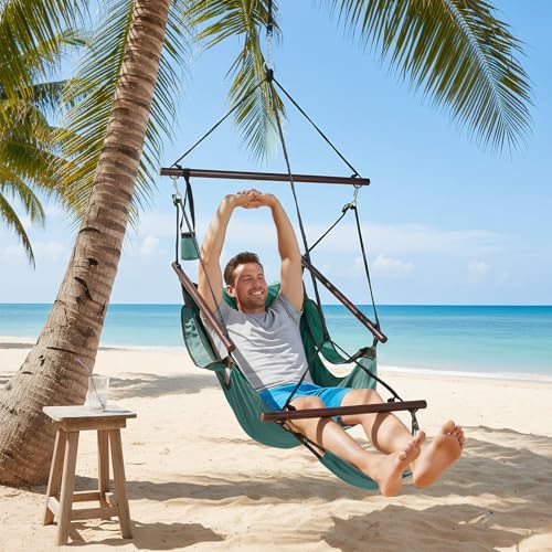 Image of ONCLOUD Upgraded Unique Hammock Sky Chair, Air Deluxe Hanging Swing Seat with Rope Through The Bars Safer Relax with Drink Holder & Fuller Pillow Beech Wood Indoor Outdoor Patio Yard 250LBS (Green)