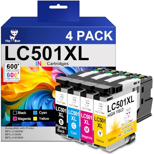 Image of Miss Deer LC501XL Ink Cartridges High Yield Compatible for Brother LC501 LC 501 XL Work with MFC-J1360DW MFC-J1410DW MFC-J1260W Printer, 4 Pack (Black, Cyan, Magenta, Yellow)