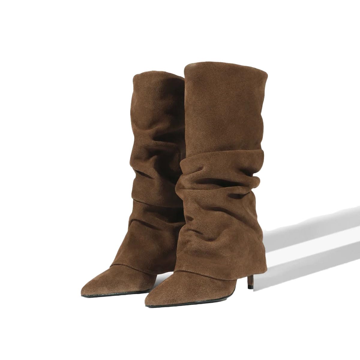 Womens Fold Over Mid Calf Boots Stiletto High Heel Slouchy Tall Boots Pointed Toe Sexy Fashion Dress Shoes