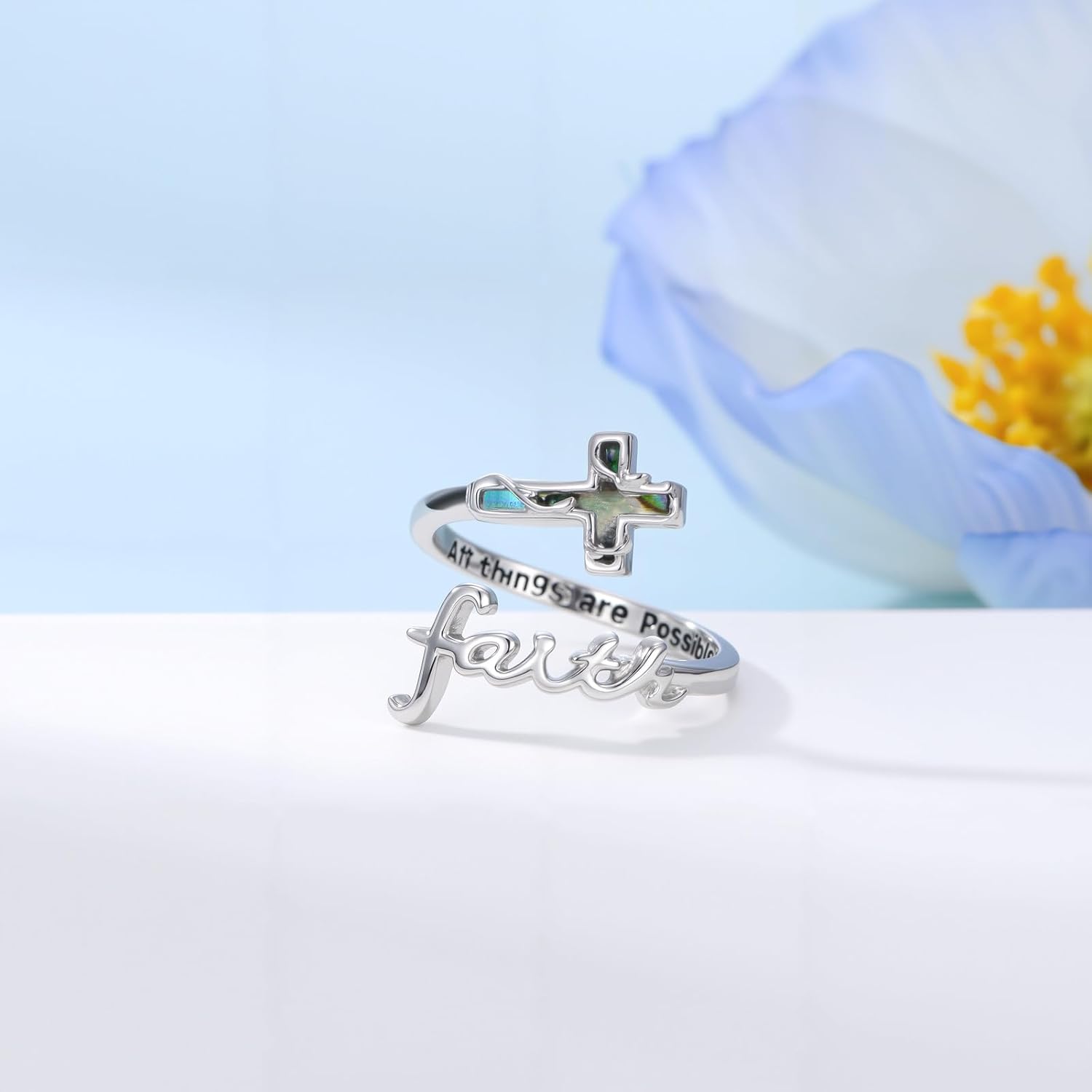PROESS Faith Cross Ring S925 Sterling Silver Adjustable Open Filigree Faith Ring Religious Christian Inspiring Incentive Jewerly for Women Christmas Birthday