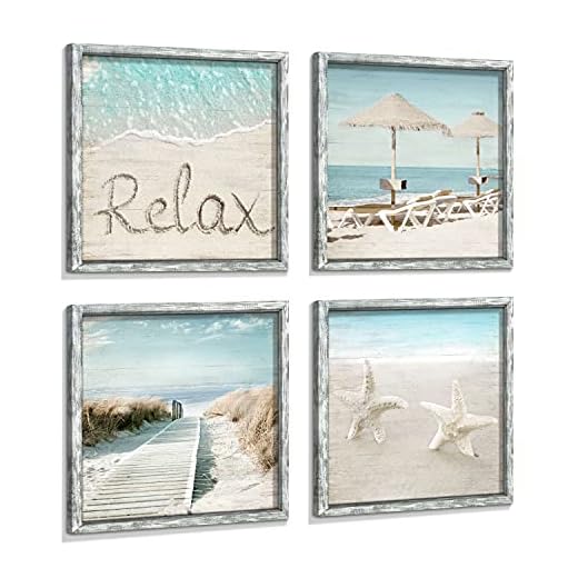 Coastal Framed Wood Wall Art: Beach Picture Seascape Artwork Seaside Prints Starfish Boardwalk Art Collection Wall Decor Set of 4 for Bedroom