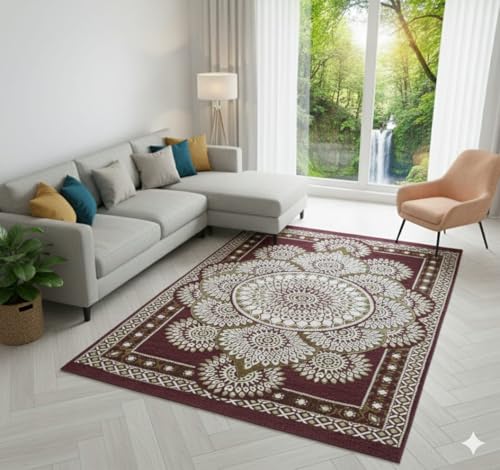 Image of Cotton Carpet 5x7 Feet Soft Velvet Rug for Living Room, Hall & Bedroom | Floor Carpet for Home | Designer Dari 150x210 cm | Non-Slip, Trendy & Durable Kalin Reactangle (Maroon)