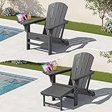 KINGYES Adjustable Folding Adirondack Chair with Footrest & 4-in-1 Multi-Functional Armrest Organizer, HDPE Recliner Adirondack Chair with Pull-Out Ottoman, Gray